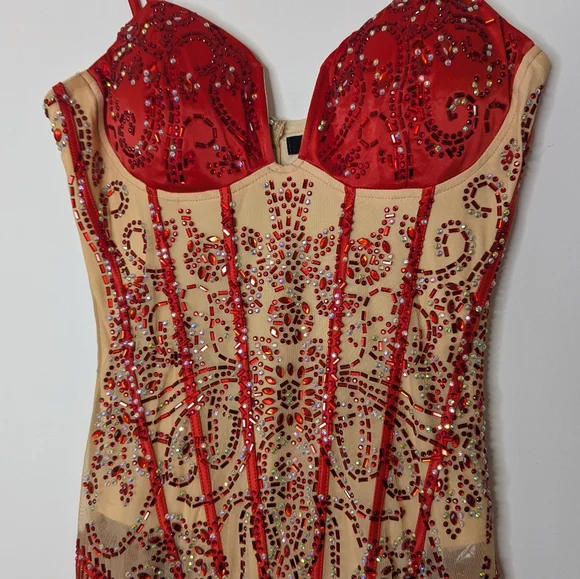 NWOT Banjul Nude and Red Embellished Dance Costume - Picture 5 of 5